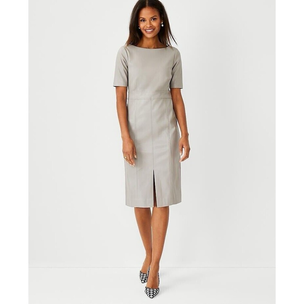 NWT Ann Taylor Gray Faux Leather Sheath Dress with Short Sleeves And Slit sz 6